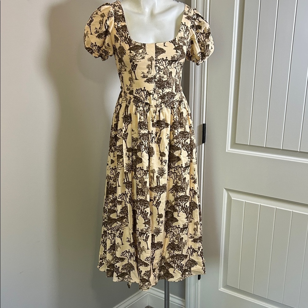 Tuckernuck Hyacinth House Brown Toile Camilla Corset Midi Dress Puff Sleeve Sz S - Picture 4 of 14